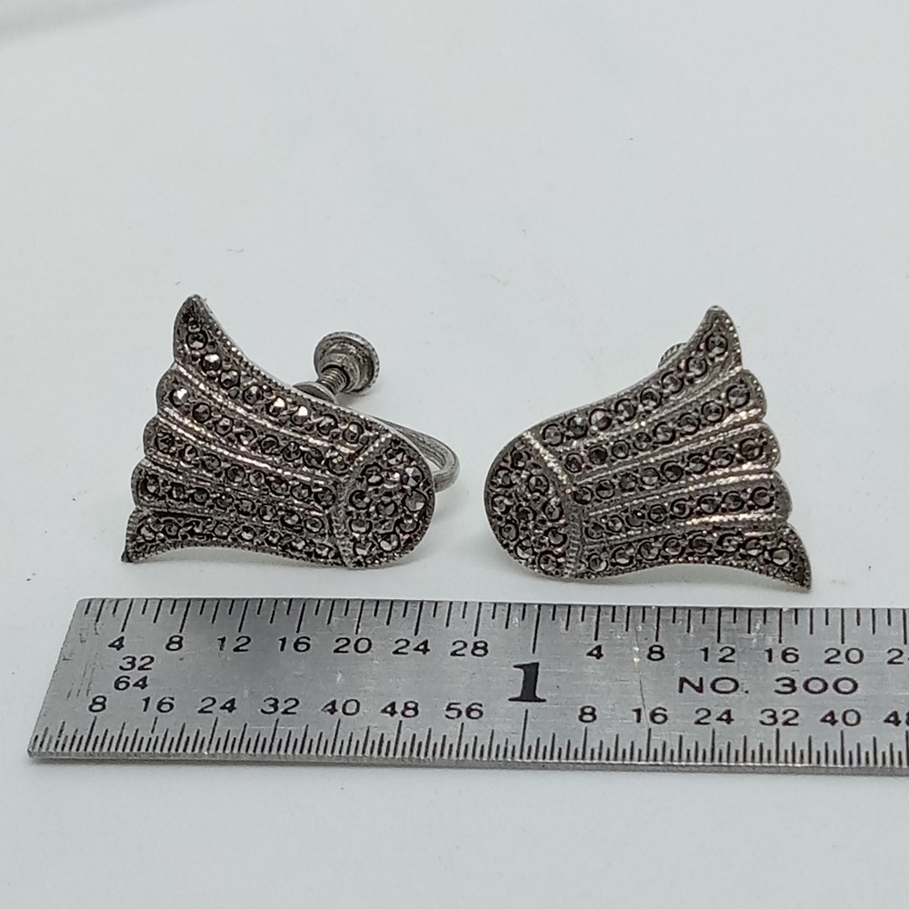 * vintage Sterling Silver & Marcasite screwback earrings signed M - Picture 2 of 5